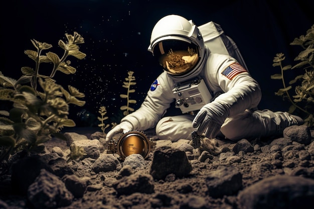 high texture quality photo of biomechanical astronaut meditating in a meadow of flowers golden hour