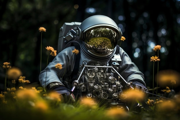 high texture quality photo of biomechanical astronaut meditating in a meadow of flowers golden hour