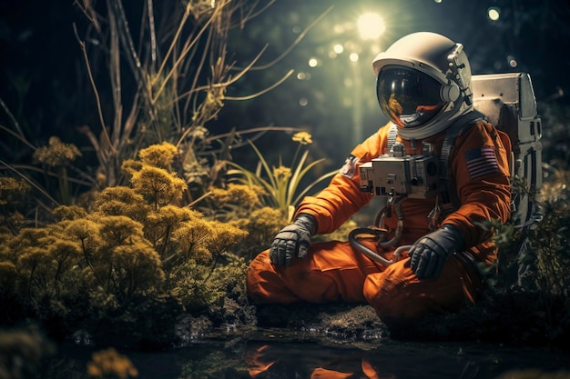 high texture quality photo of biomechanical astronaut meditating in a meadow of flowers golden hour