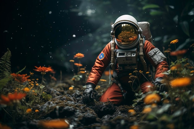 high texture quality photo of biomechanical astronaut meditating in a meadow of flowers golden hour