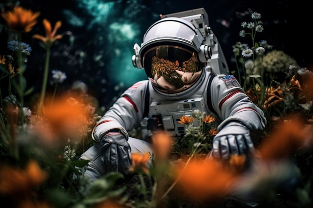 high texture quality photo of biomechanical astronaut meditating in a meadow of flowers golden hour