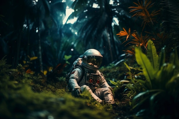 high texture quality photo of biomechanical astronaut meditating in a meadow of flowers golden hour