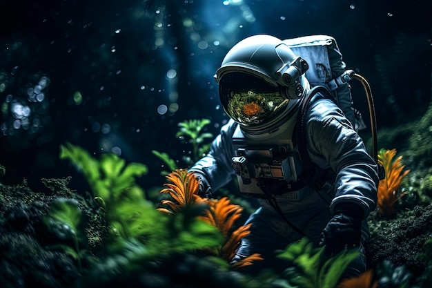 high texture quality photo of biomechanical astronaut meditating in a meadow of flowers golden hour