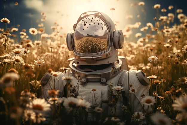 high texture quality photo of biomechanical astronaut meditating in a meadow of flowers golden hour