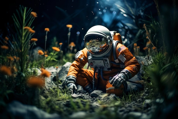 high texture quality photo of biomechanical astronaut meditating in a meadow of flowers golden hour