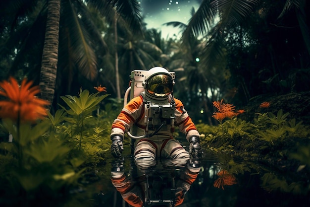 high texture quality photo of biomechanical astronaut meditating in a meadow of flowers golden hour