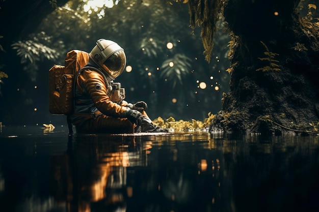 high texture quality photo of biomechanical astronaut meditating in a meadow of flowers golden hour