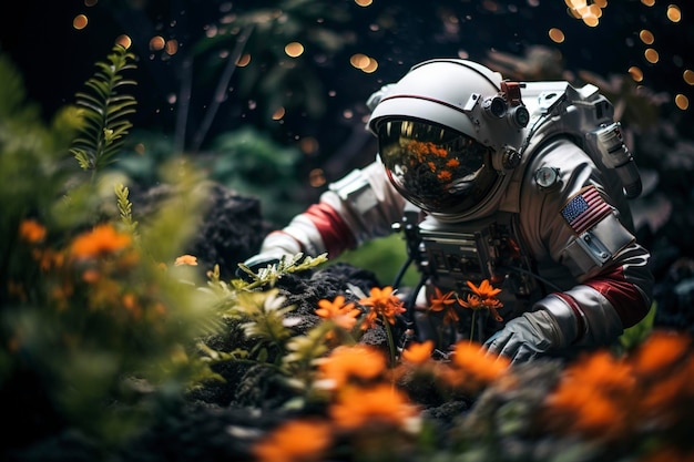 high texture quality photo of biomechanical astronaut meditating in a meadow of flowers golden hour