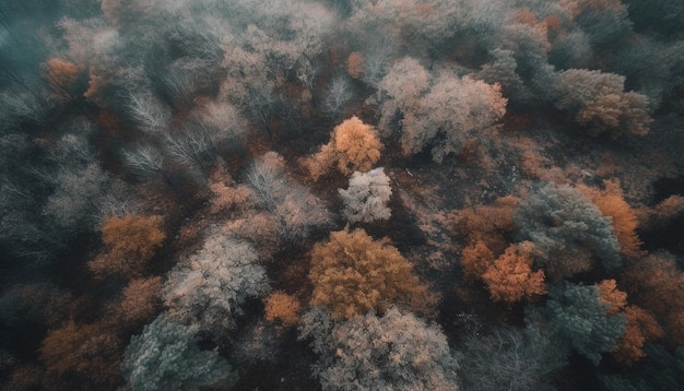 High up flying drone captures autumn landscape generated by AI