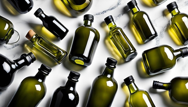 Photo high view of bottles filled with olive oil on marble background