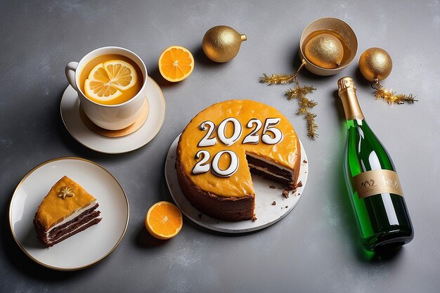 Photo high view of cake and drink with 2025 new year digits