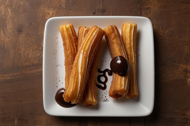 Photo high view churros with sugar and chocolate