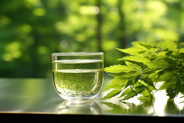 High view green leaves and cup of tea