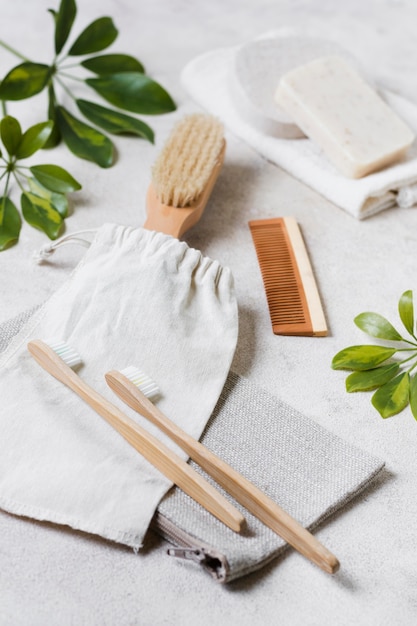 High view toothbrushes and natural hair brush