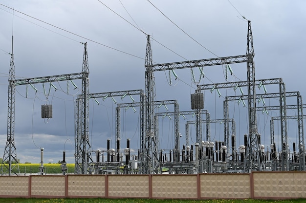 High voltage electric pole and transmission lines Electricity pylons Power and energy concept