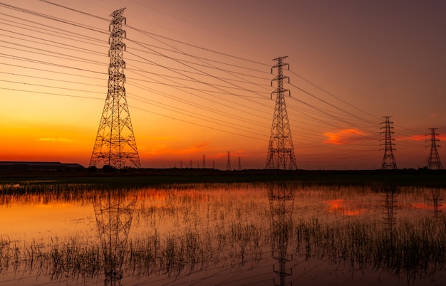 High voltage electric pylon and electrical wire with sunset sky. Electricity poles. Power and energy concept. High voltage grid tower with wire cable at rice farm field near industrial factory.