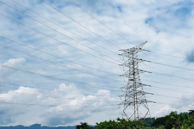 High voltage electric tower on a hill