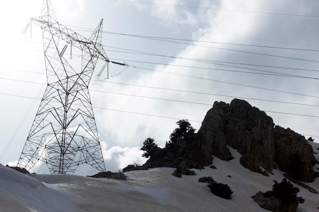 High voltage electricity pylon under snow landscape