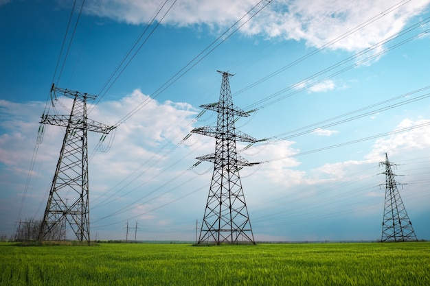 High voltage lines and power pylons in a flat and green agricultural landscape on a sunny day with clouds in the blue sky. Cloudy and rainy. Wheat is growing