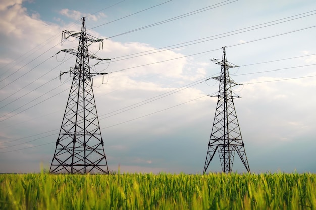 High voltage lines and power pylons in a flat and green agricultural landscape on a sunny day with clouds in the blue sky Cloudy and rainy Wheat is growing