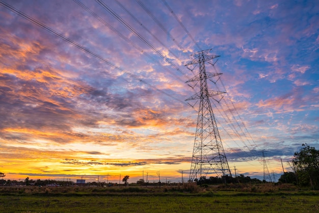 High voltage pole sunset clouds sky background high voltage tower