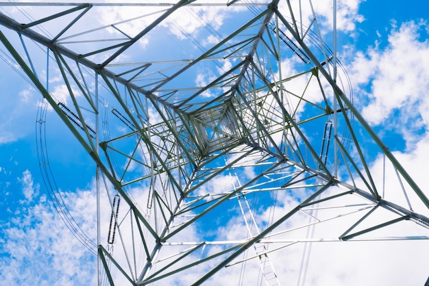 High voltage post or High voltage tower with blue sky background.