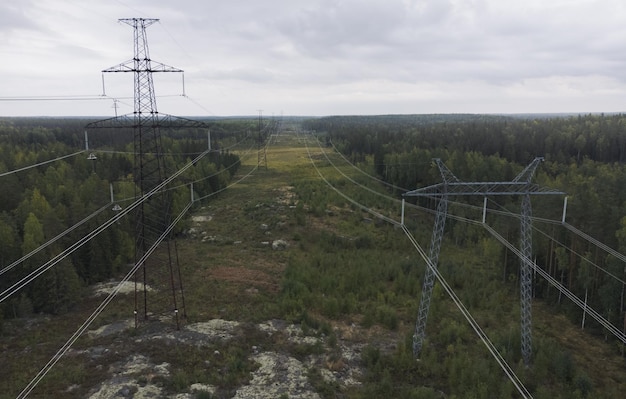 High voltage power line Aerial view The subject of electrification and distribution of electricity