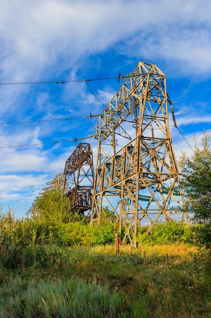 High voltage power line against blue sky