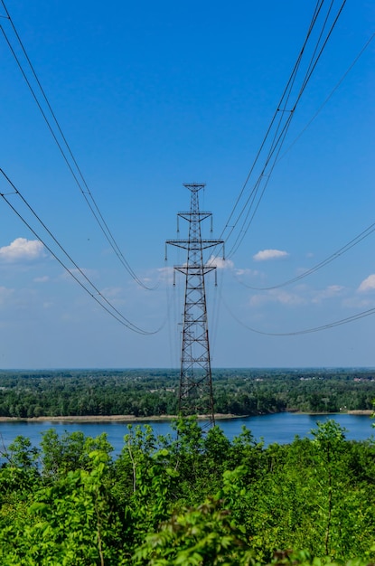 High voltage power line against sky