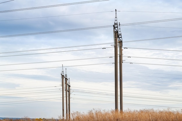 High voltage power line Side view of a high voltage line support in cloudy weather