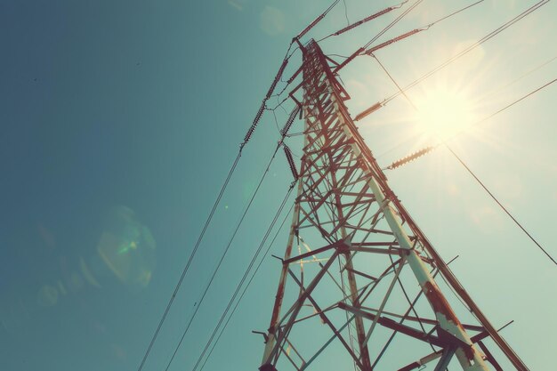 A high voltage tower with the sun shining in the background Perfect for energy or power concepts