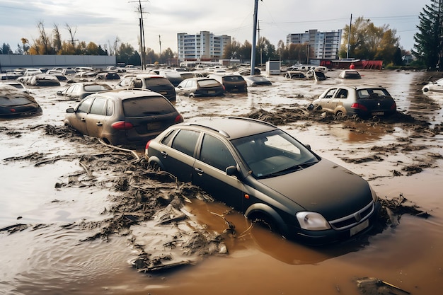 High water level on a city street from a flood after a rainstorm or an avalanche Cars are flooded