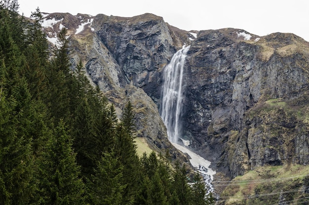 High waterfall in the mountains