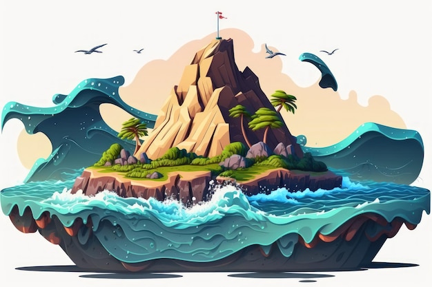 High waves in an isolated sea with the island An illustration of large waves is a floating island