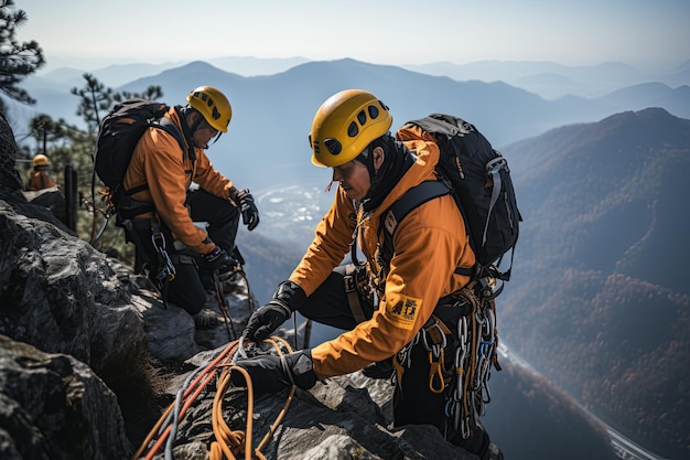 Highaltitude rescue personnel use rope systems to rescue people in distress Generated with AI