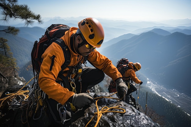 Highaltitude rescue personnel use rope systems to rescue people in distress Generated with AI