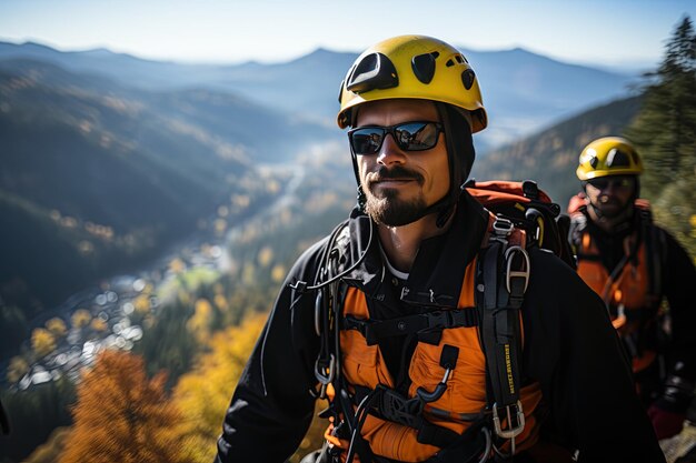 Highaltitude rescue personnel use rope systems to rescue people in distress Generated with AI