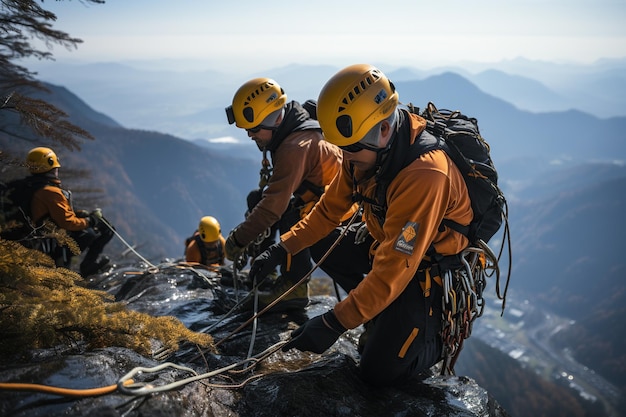 Highaltitude rescue personnel use rope systems to rescue people in distress Generated with AI