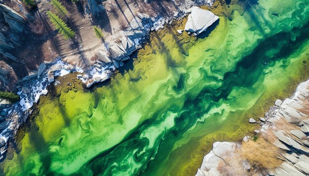 A highaltitude shot of a greencolored river for St Patricks Day