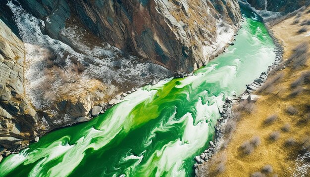 A highaltitude shot of a greencolored river for St Patricks Day