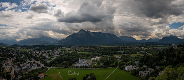 Highangle panoramic Salzburg Alps view the cityscape and cloudy sky background