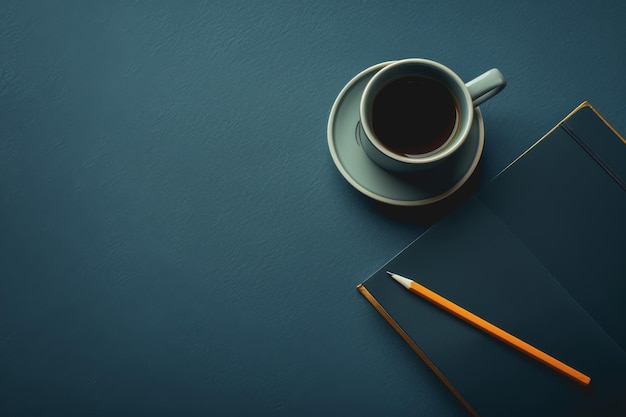 Highangle shot desk table with pencil notebook coffee cup Space on the left side