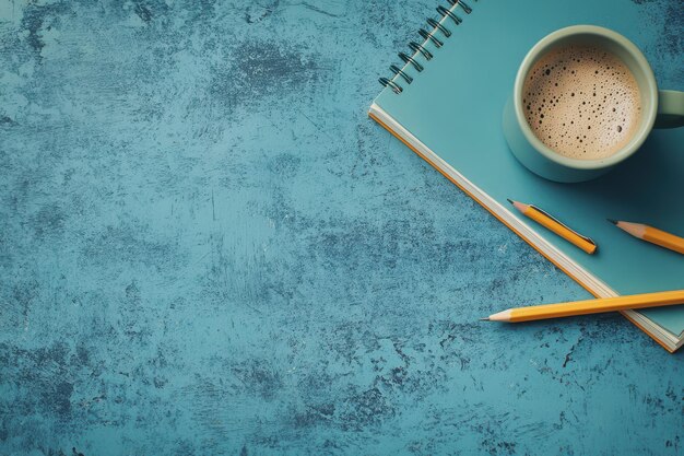 Photo highangle shot desk table with pencil notebook coffee cup space on the left side