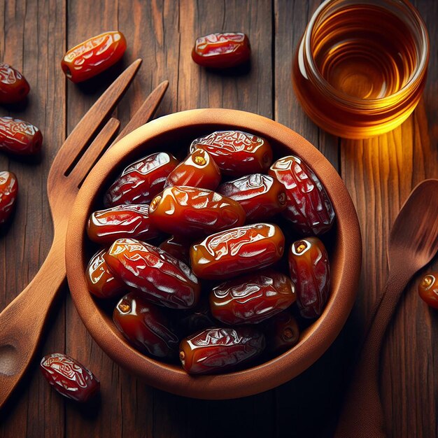 HighAngle Shot of Glossy Dates in Wooden Bowl on Table Highlighting Texture Contrast