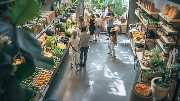 A highangle view of a crowded produce aisle at a market