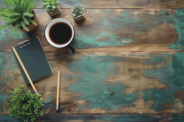 Highangle view table with pencils notebook coffee cup free space on the wooden work desk