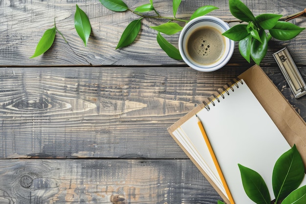 Highangle view table with pencils notebook coffee cup free space on the wooden work desk