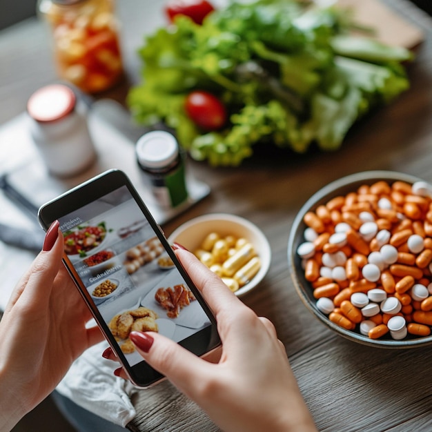 Photo highangle view of a womans hands holding a smart phone and vitamin pill bottle an unrecognizable