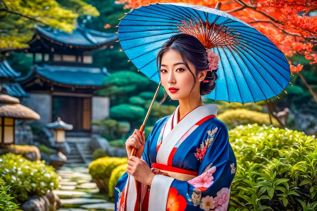 A highborn Asian woman in a festive kimono walks slowly through a blooming Japanese garden