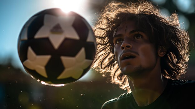 Photo highcontrast image showing the critical moment a soccer ball is hit viewed from behind the player focusing on their intense gaze under the late afternoon sunlight